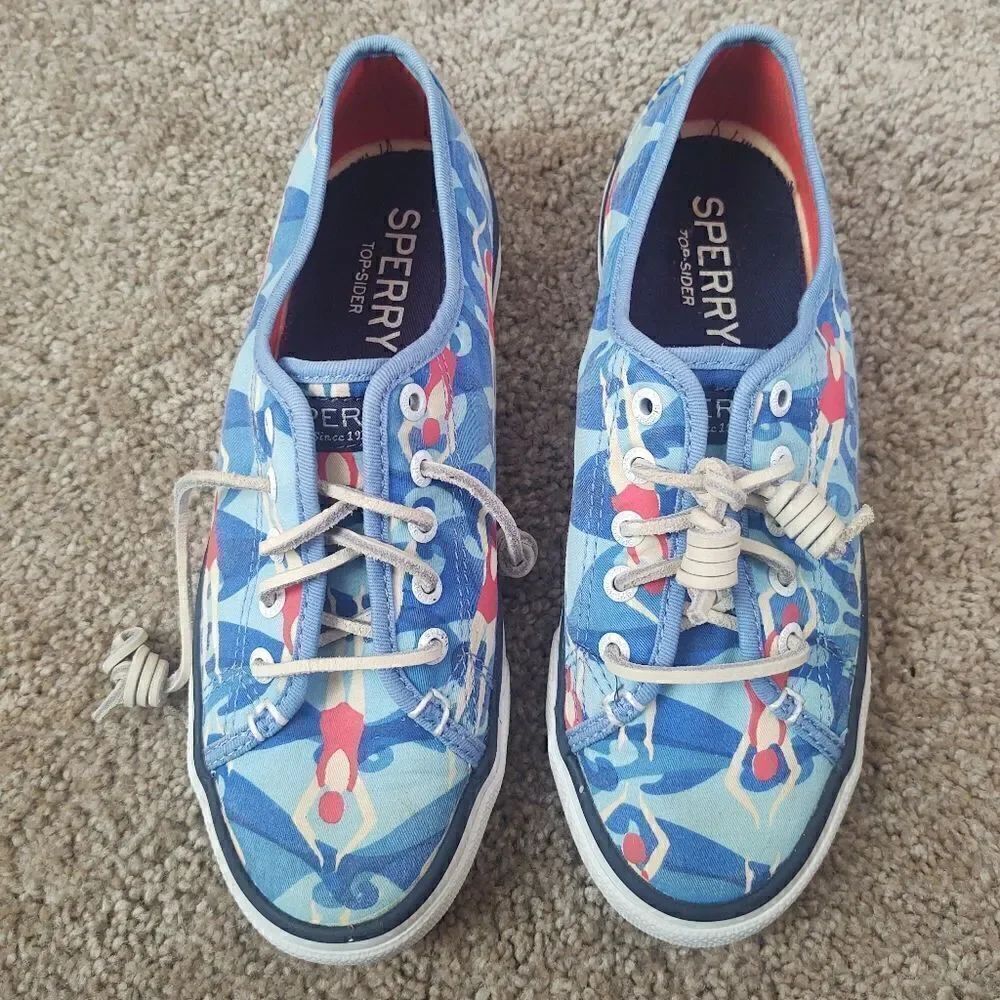 Sperry Canvas Swimmers Print Sneakers Blue Red Women's Size 5, PRE-OWNED - Picture 2 of 7